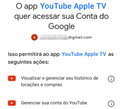 O app YouTube Apple TV quer acessar sua Conta do Google