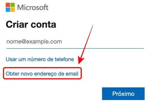 Basta acessar esta página signup.live.com para criar uma nova conta de e-mail da Microsoft. Selecione Obter novo endereço de email.